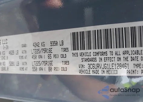 2020 Ram Promaster 3500 Cargo Van High Roof 159 Wb Ext из США, поврежденный, VIN 3C6URVJG1LE128461